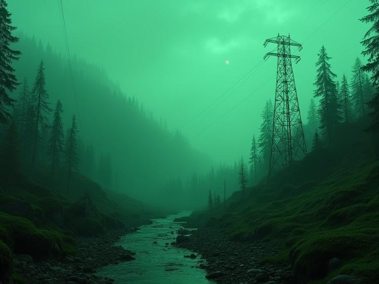 Eerie landscape in the Ural Mountains with fog and green twilight. Cold moss glows in emerald hues. Twisted trees appear like skeletons in mist. Valley filled with dense green fog conceals anomalies. Rocks appear glassy and distorted. Ground littered with rusted helmets and maps marked 'Zone 17'. Muted lighting with green-gray colors. Half-collapsed radio tower emits faint light. Presence of shadow lurking in fog is suggested.