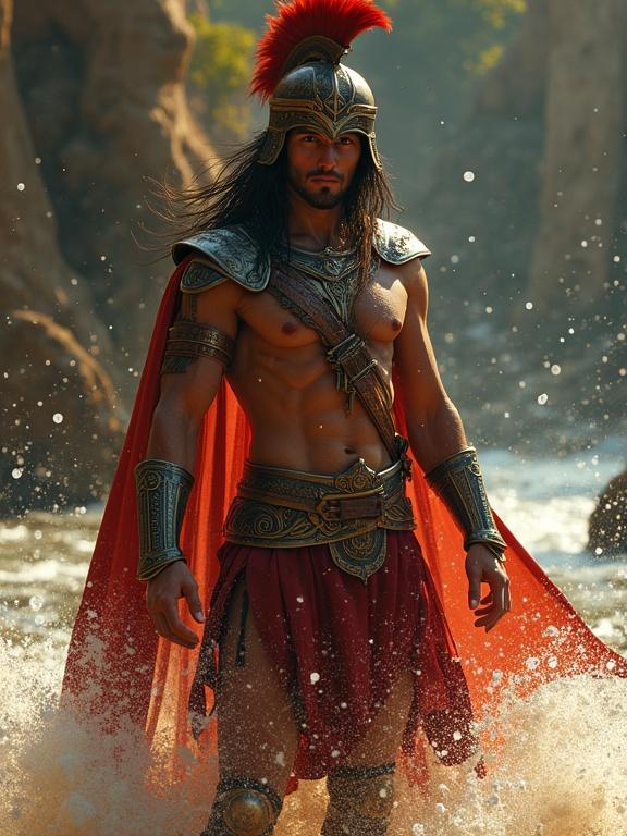 Full-body depiction of a male warrior standing in a river. The warrior has long hair and is muscular. He wears detailed armor with a red cape and a helmet with a plume. The background includes splashes of water and rocky terrain. The scene is vibrant with deep colors and intricate details.