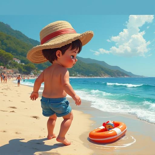 Child walking on the beach in summer. The ocean waves gently lap at the shore. Child wears a large hat. A bright orange float nearby. Background shows mountains and clear sky.