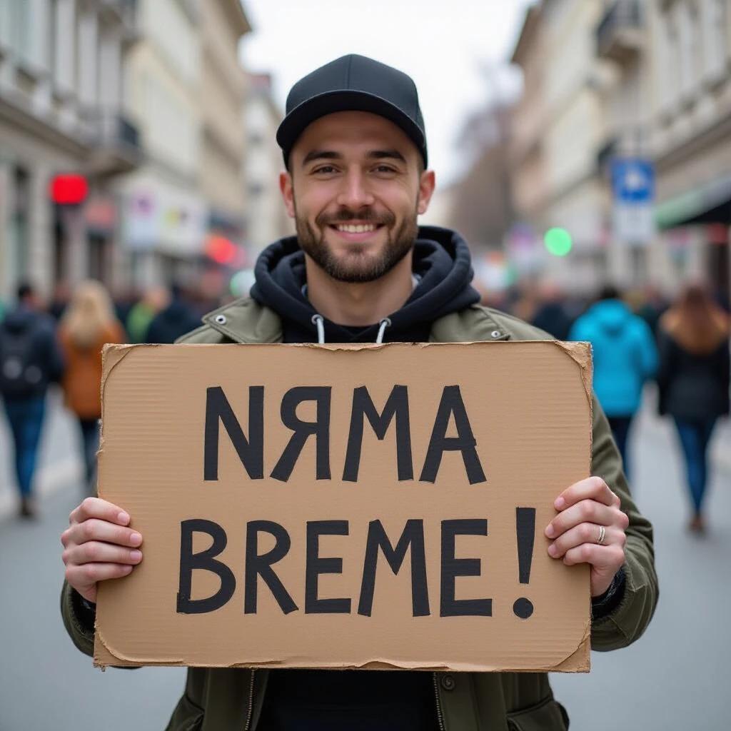 Man stands in street holding cardboard sign saying Няма Време. Urban environment with blurred crowd in background. Natural daylight creates soft ambiance. Focus on man's expression and sign.