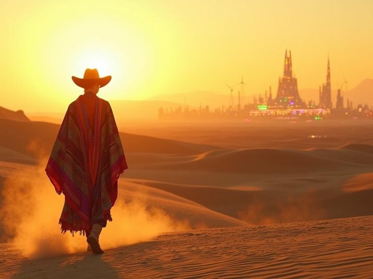 Androgynous figure walks in warm desert. Wears colorful poncho and cowboy hat. Dust swirls around boots. Low sun casts long shadows and golden light. Distant solarpunk city shimmers like oasis. Lush greenery, wind turbines, crystalline towers visible. Atmosphere blends realism with dreamlike hues. Evokes feeling of hope and solitude. Cinematic composition, semi-realistic style, soft lens flare, rich color palette.