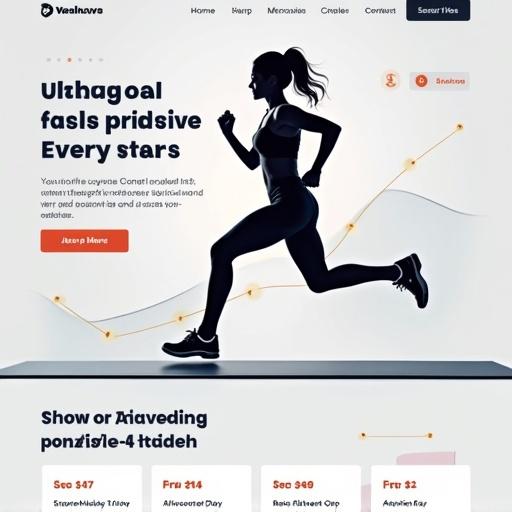 Image of landing page for a running pose analysis application. Features a silhouette of a runner in motion. Clean layout with call-to-action buttons. Modern design elements and technology theme.