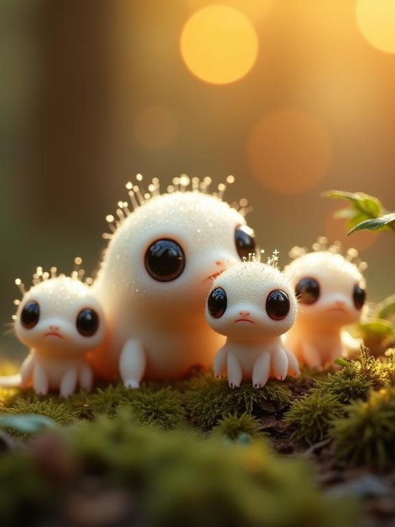 This image features a surreal group of tiny white creatures with large black eyes and glistening dew heads. The background is a warm golden bokeh. Tiny creatures appear to be cute, with rounded bodies and short limbs. They sit on a mossy forest floor glowing softly. The environment is organic with natural textures, evoking a magical atmosphere.