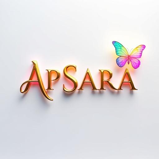 3D rendering of 'APSARA' logo with golden whimsical font. White background. Heart element. Rainbow butterfly floats to right. Neon hues illuminate letters. Soft lighting highlights details. Bold centerpiece for visuals.