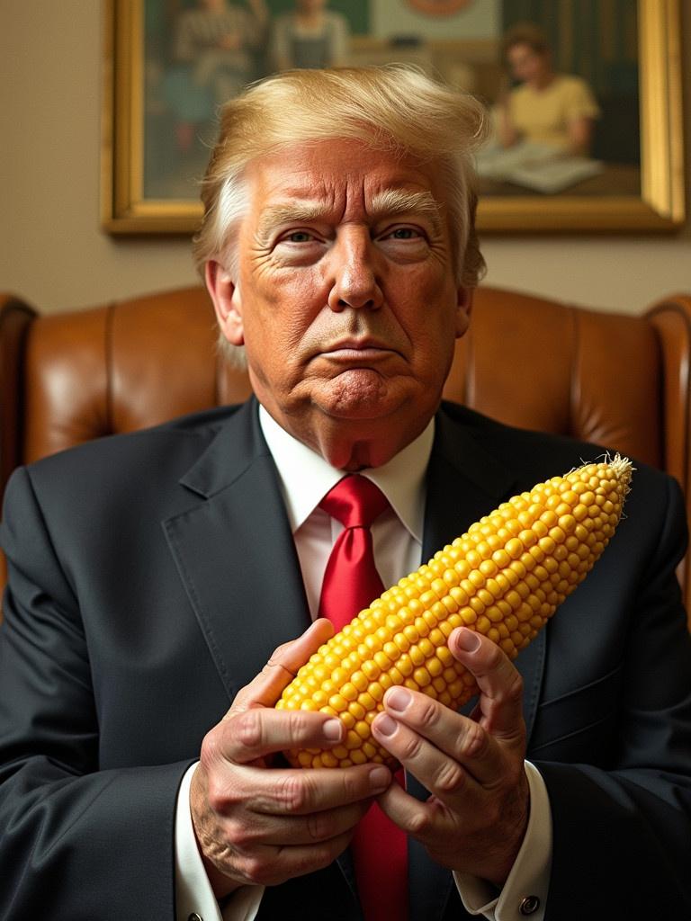 A man in a suit sits on a leather chair. He holds a large corn cob in his hands. The setting includes an ornate background. The focus is on the corn and the man's upper body.