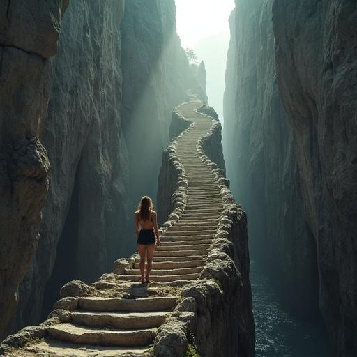 A woman climbs a narrow staircase carved into a cliff. The stairs are between two tall cliffs, creating a chasm. The scene conveys adventure. The woman looks determined in a dramatic natural landscape with sunlight and shadows.