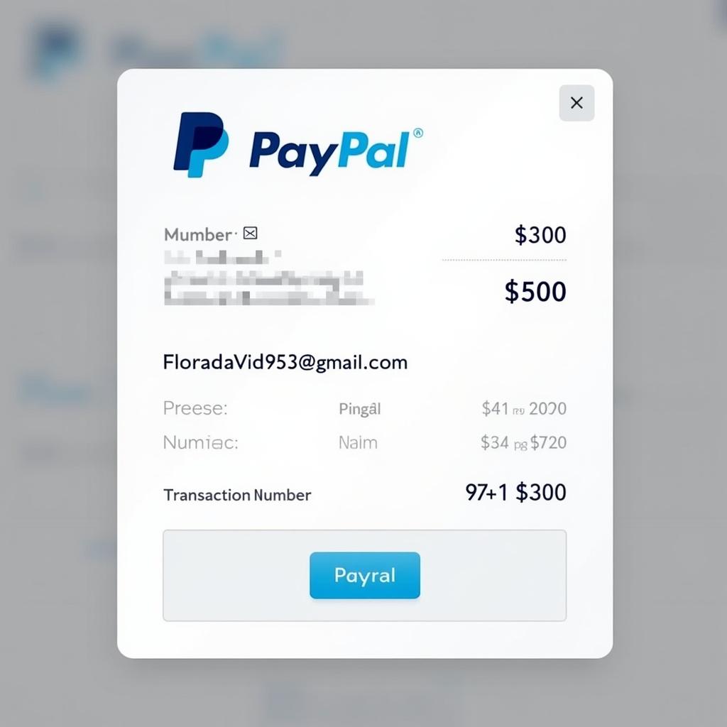 PayPal payment receipt displays a transaction for $300 to floradavid953@gmail.com. Includes PayPal logo, payer details, transaction amount, and transaction number. Clean design for online payments.