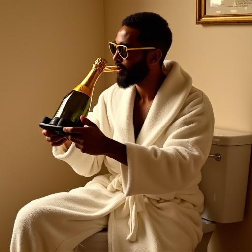 Man wearing a bathrobe drinking champagne on a toilet. Man plays Nintendo Switch. Indoor setting with warm colors.
