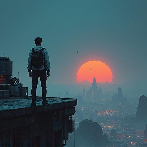 Detailed painting of a cyberpunk city in a glass dome at night. Young man with futuristic clothes stands on a corporate rooftop looking at the horizon. Only rocks and desert beyond the city. Gritty texture and cinematic composition.