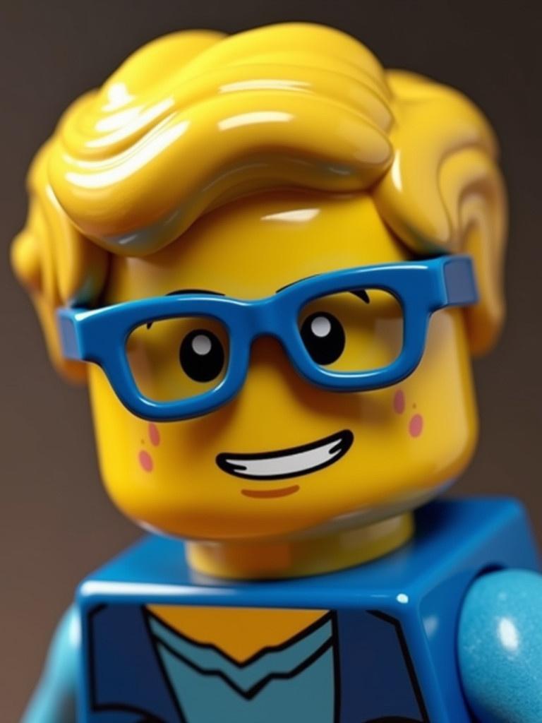 LEGO figure smiles with short blonde hair and blue glasses. Depict a youthful teenager look with vibrant colors and fun expression. Focus on the design and colors while showing excitement and playfulness.