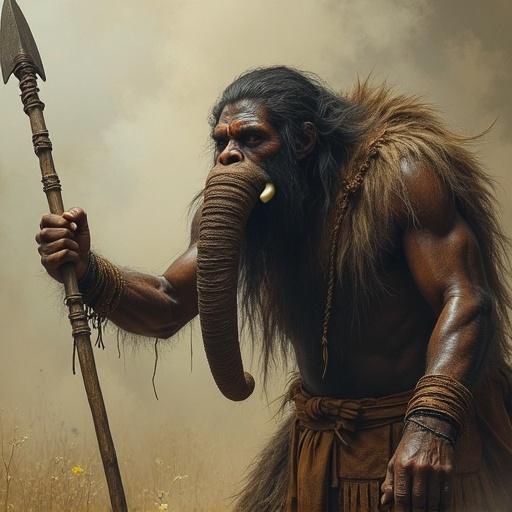 Neanderthal wearing leather clothes. Stands tall with a spear. Engaged in hunting a mammoth. Dynamic pose showing strength and focus. Earthy background texture. Captures essence of prehistoric life.
