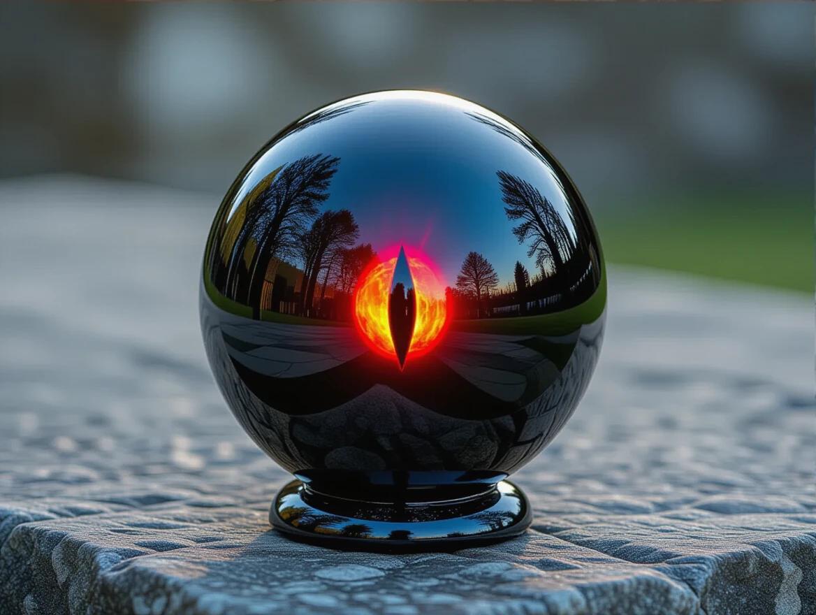 Image of a dark, iridescent black orb on a stone table. Inside the orb, a fiery red eye of Sauron is depicted, glowing intensely with specular light effects.