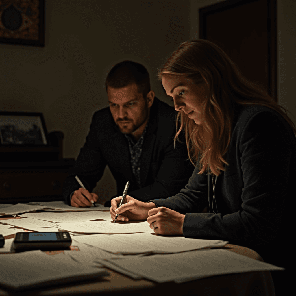 Two professionals intensely reviewing documents in a dimly lit room.