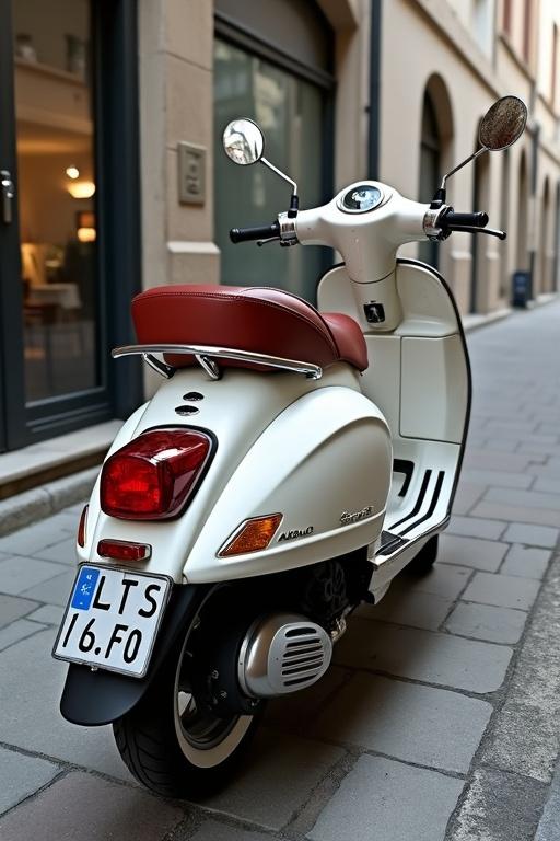 Vespa GTS 300 parked on a city street. White scooter with red seat. Urban setting. Stylish design. Iconic Italian vehicle.