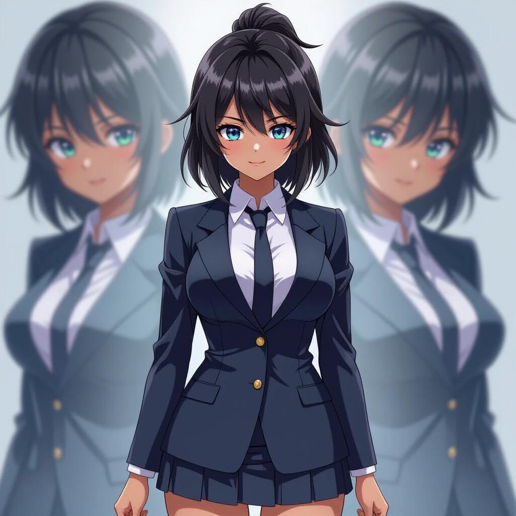 Stylish anime character in professional attire. Short hair with a ponytail. Dark blazer and skirt. Blue eyes with a confident expression. Background with a faint reflection. Detailed eyes and facial features.
