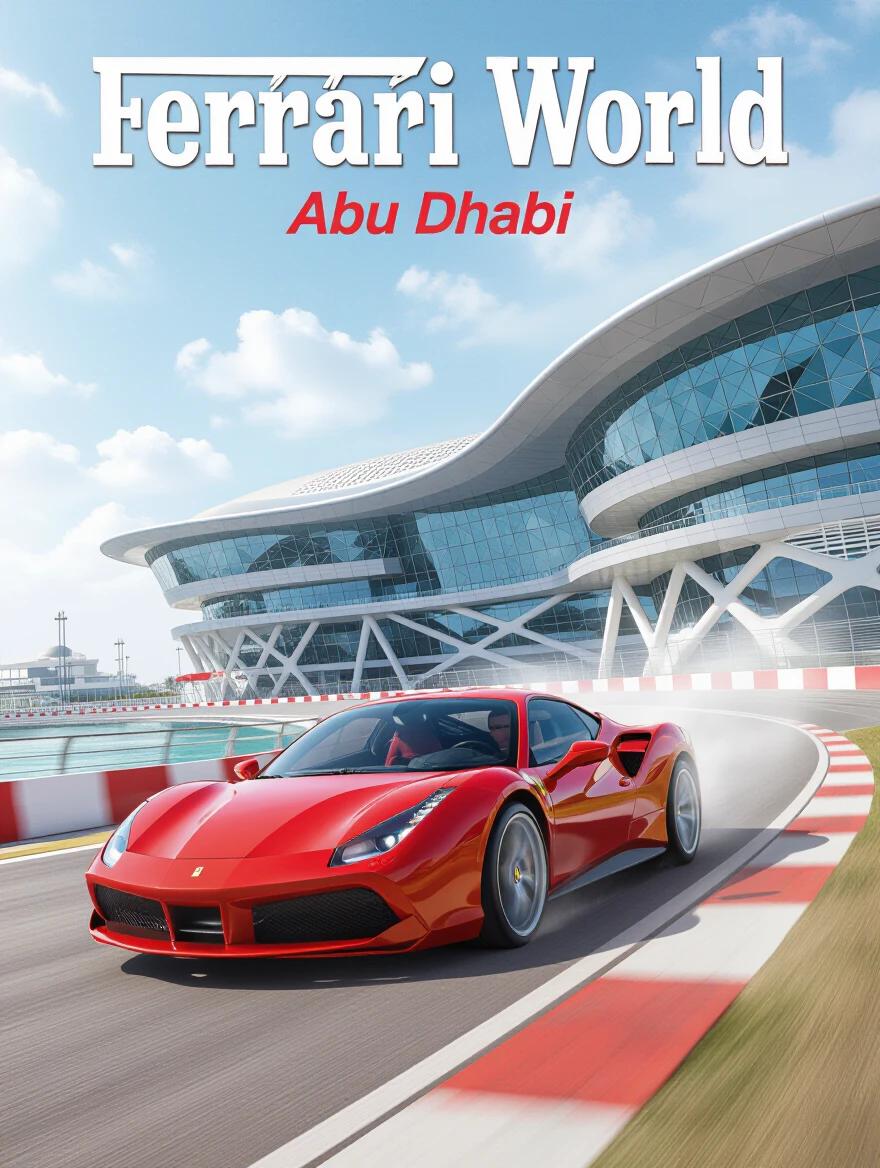 Poster featuring a Ferrari car racing through Ferrari World Abu Dhabi. Visual effects emphasize power and adventure. Low-angle perspective highlights car and architecture.