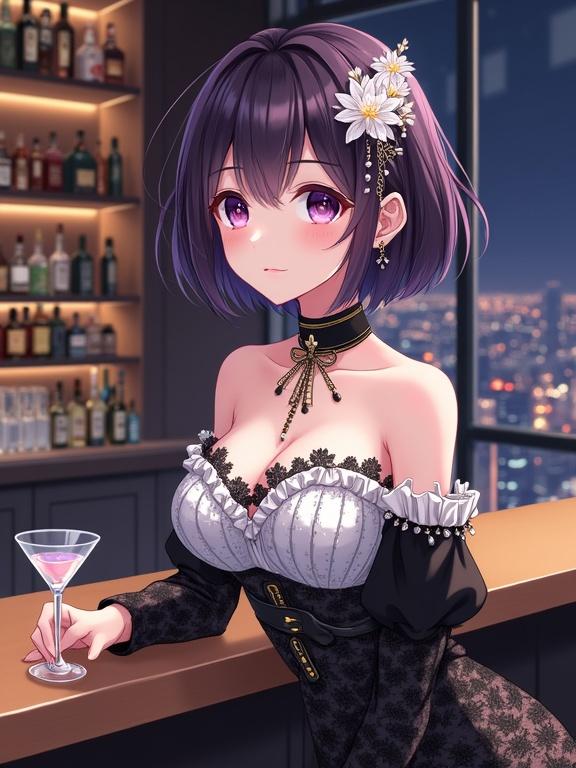 Anime-style illustration of a woman with short dark purple hair and purple eyes. She wears an off-the-shoulder black and white lace dress with gold details. Accessories include hair flowers, teardrop earrings, and a martini glass. The background shows a bar and city lights.