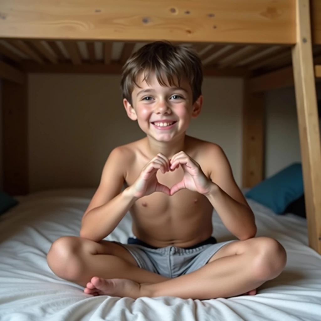 Portrait features a shirtless boy sitting cross-legged on a bed. The setting includes a cozy bunk bed. The boy wears shorts. His hands shape a heart symbol. The atmosphere feels warm and inviting.