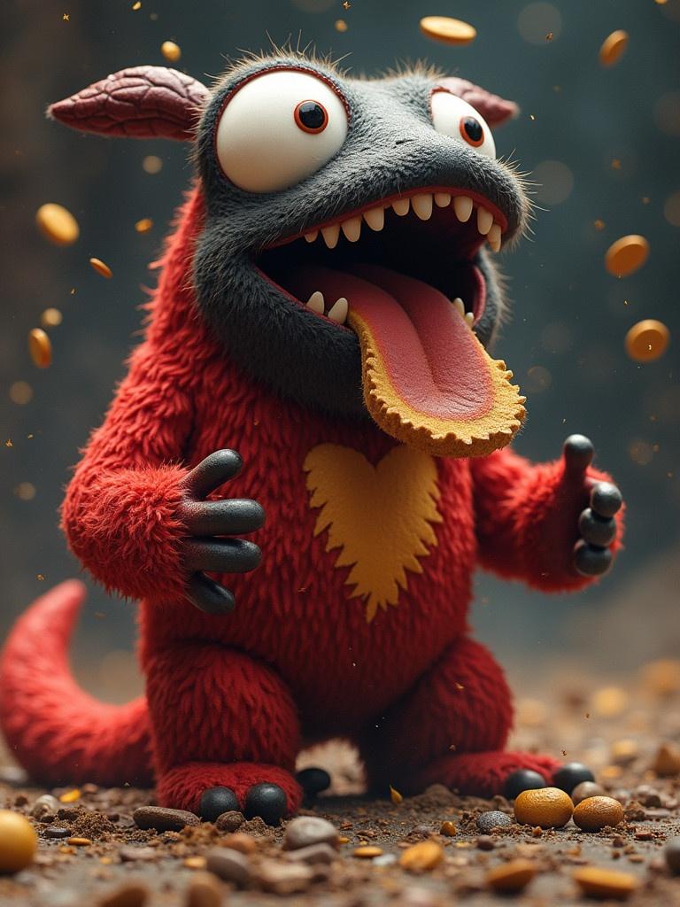 A cheerful monster character with a wide mouth and eyes. The character has red fur and holds a cookie. The scene includes scattered golden coins around it.