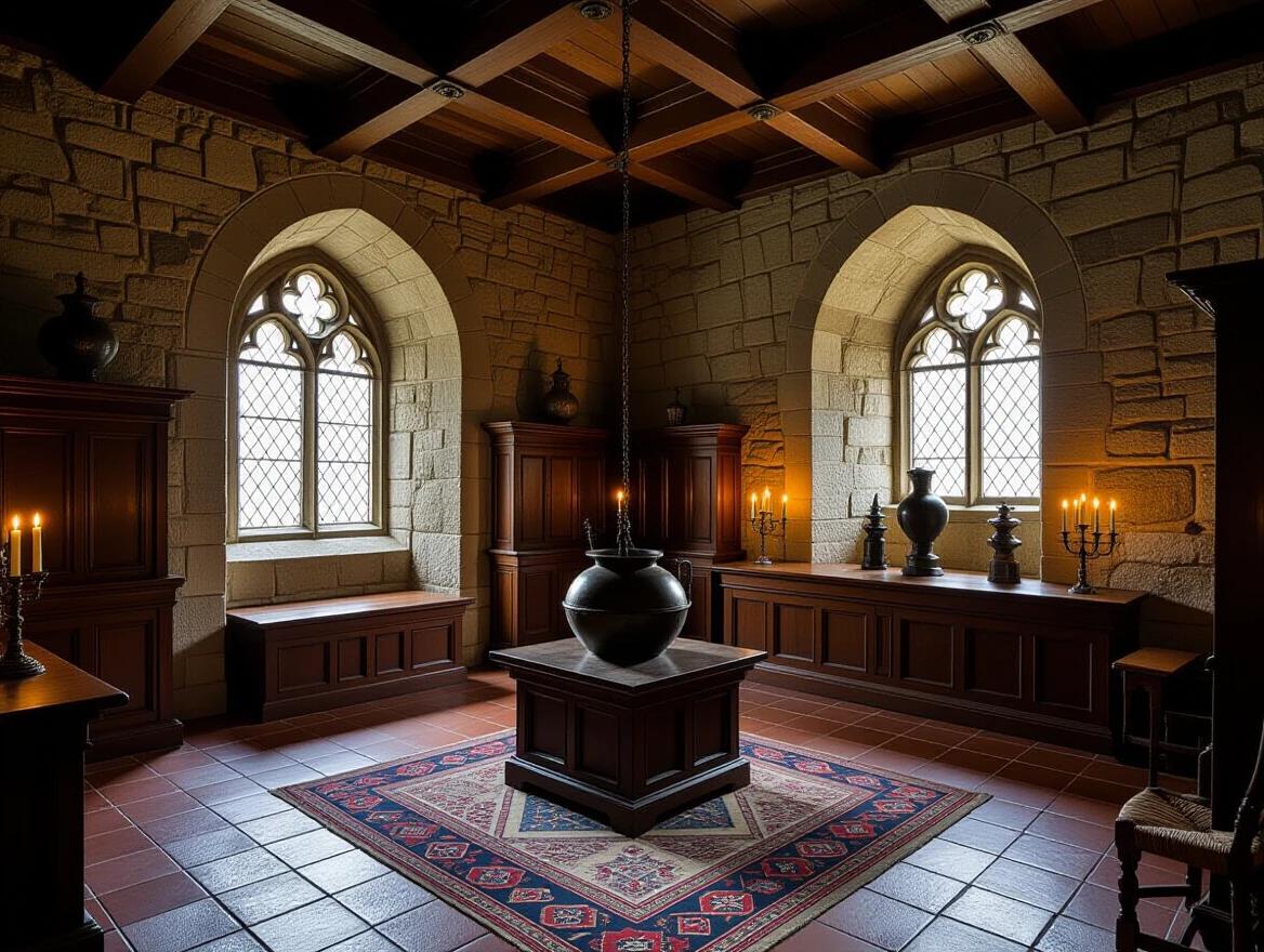 Alchemy room interior of El Escorial monastery. 16th century design. Cinematic atmosphere with a spooky lighting.