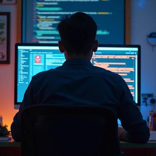 A man types on a laptop at a desk. The image captures a back view of the coder. Computer screens glow softly. The office has a warm atmosphere with deep colors. This person does not exist. The image reflects the future of coding. Captured with intense depth of field. Ideal for tech-related use.