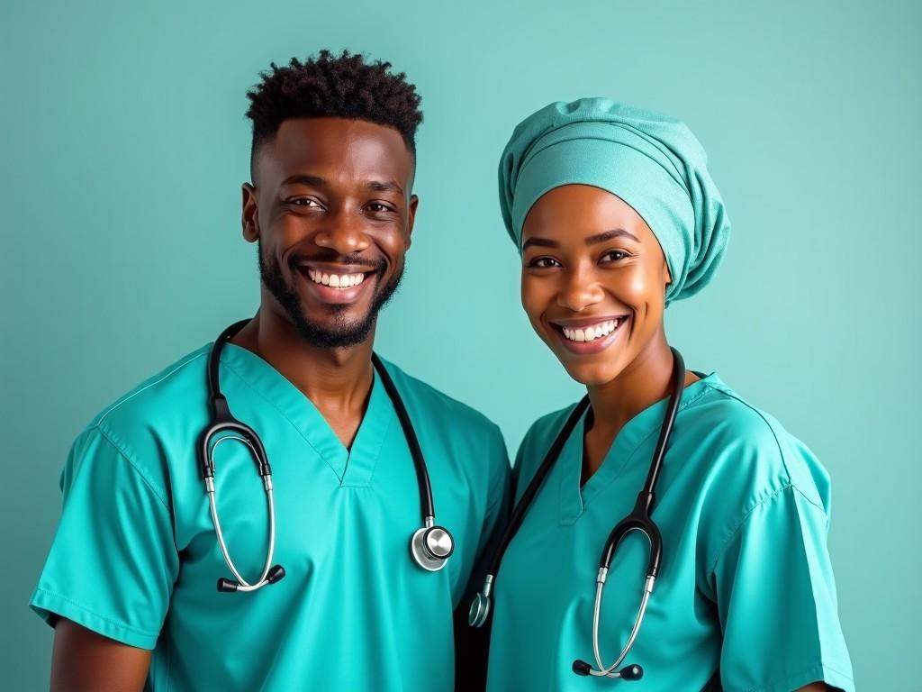 The image features two medical professionals standing side by side, both wearing matching turquoise scrubs. The man is smiling and has a stethoscope draped around his neck. He has short, curly hair and is wearing a traditional head covering. The woman also wears a stethoscope and a matching headscarf. She is smiling warmly, and together they present a friendly and professional appearance. Their expressions convey confidence and approachability, making them seem ready to assist patients.