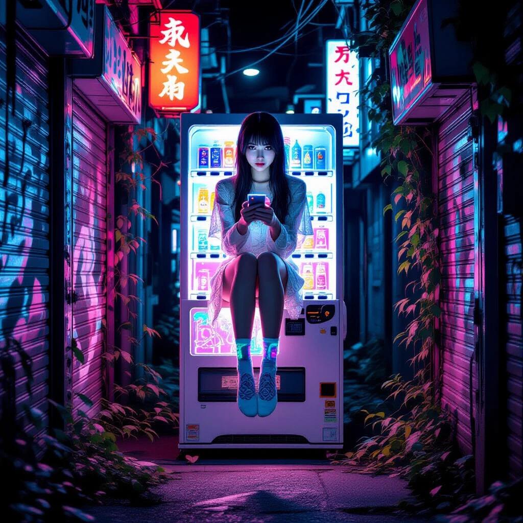 High-resolution night scene in an urban setting. Yūrei with pale skin sits atop a brightly lit vending machine. She holds a glowing smartphone. Vivid neon colors and overgrown alley features create an eerie atmosphere. Photorealistic style captures intricate textures.