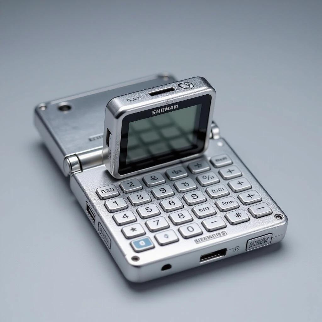 Square designed metal cellphone with a flip feature. Compact layout with keys and display. Silver exterior with a sleek finish. Ideal for showcasing retro technology and design.