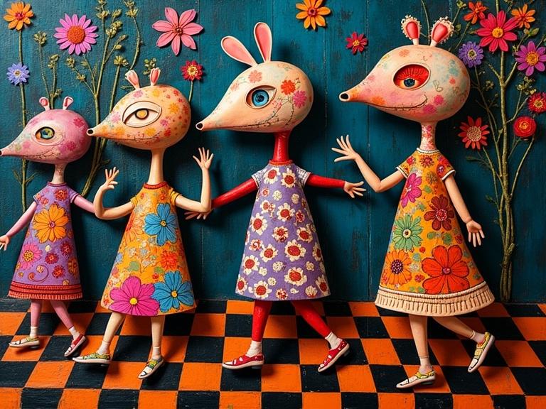 Surreal abstract creatures dance in a conga line. The creatures wear naive folk art attire. They are adorned with vibrant flowers and eye motifs. Set against a surreal moody background. The environment features a checkerboard pattern. The colors are wild purples and oranges. The figures dissolve into fractals and display textured impasto details. It has a dreamlike quality with high contrast.