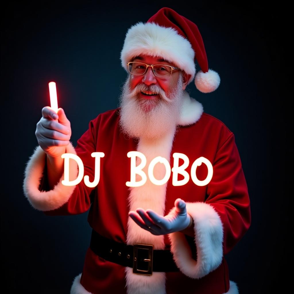 Santa Claus in traditional red and white suit holds a glow stick. Glow stick has text DJ BOBO. Background is dark. Santa exudes holiday cheer.