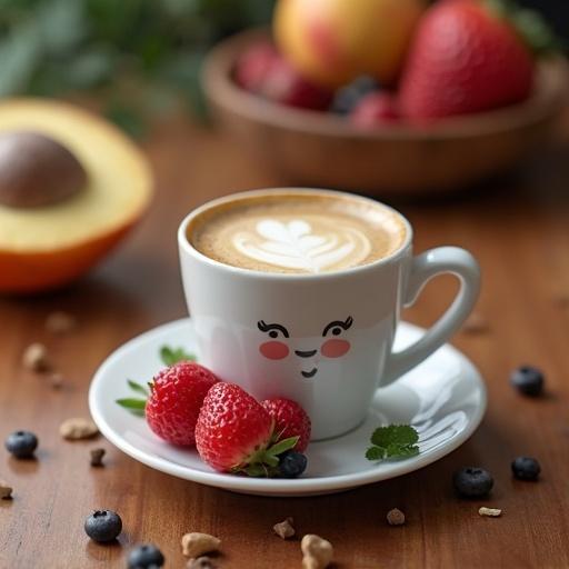 Personalized 11 oz coffee cup on a kitchen table with fruits nearby. Close-up view in 9:16 aspect ratio.