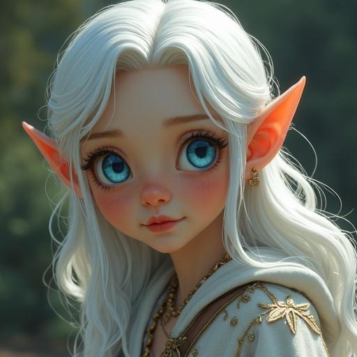 Pale girl with white hair and blue eyes portrayed as an elf. She has delicate ears and wears a flowing garment. The background is softly blurred, emphasizing her features.