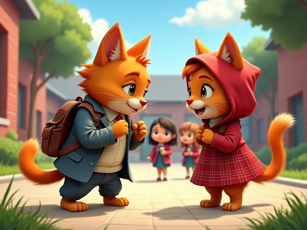 A charming scene featuring two cartoon cats, one wearing a red hooded cloak and the other in a blue suit, as they joyfully interact on a school pathway. In the background, several children are visible, creating a lively atmosphere. The setting is bright and cheerful, perfect for a children's audience. The overall style is whimsical and colorful, highlighting the friendship and excitement of youth. This image captures the innocence and joy of childhood, making it ideal for children's media.