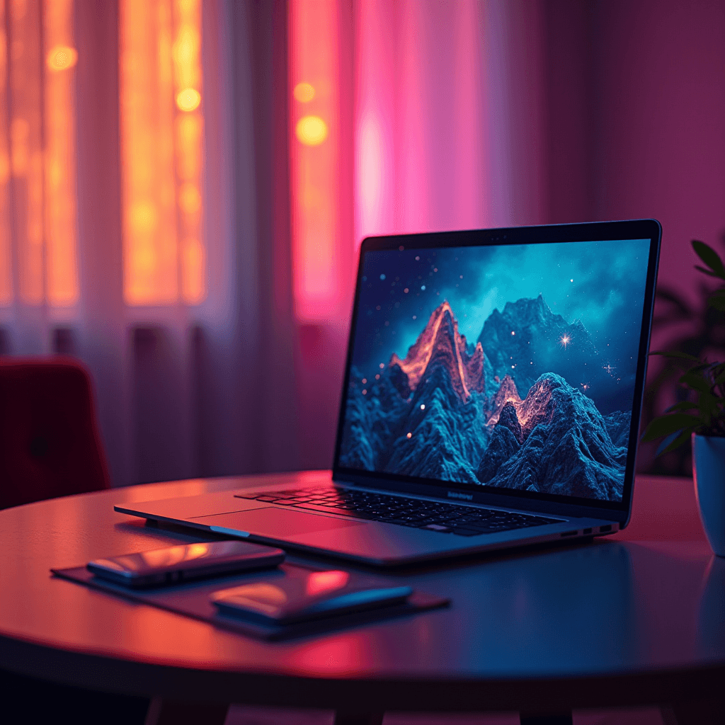 A laptop on a round table with a glowing mountain landscape screensaver, under warm, ambient pink and orange lighting from nearby windows.