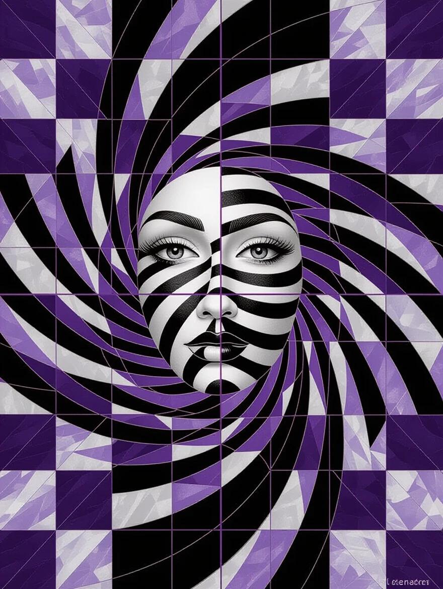 Digital artwork of a face in black and white with stripes forming a spiral pattern against a purple checkered background. The design suggests movement and depth, resembling a mirror effect.