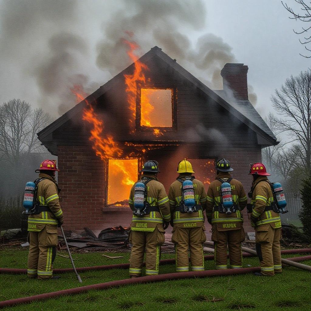 Group of firefighters working to extinguish a house fire. Smoke billowing from windows. Firefighters in full gear using hoses. Scene depicting emergency response efforts.