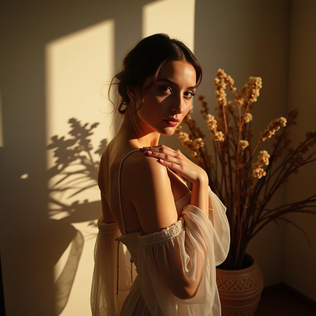 A woman in delicate attire poses gracefully in a warmly lit room. The sunlight cascades through the window, illuminating her figure and casting beautiful shadows on the wall. She stands beside a decorative plant, creating a serene and inviting atmosphere. Her expression is thoughtful and captivating, drawing the viewer's attention. The overall composition blends soft colors with elegant styling, perfect for fashion or interior design inspiration.