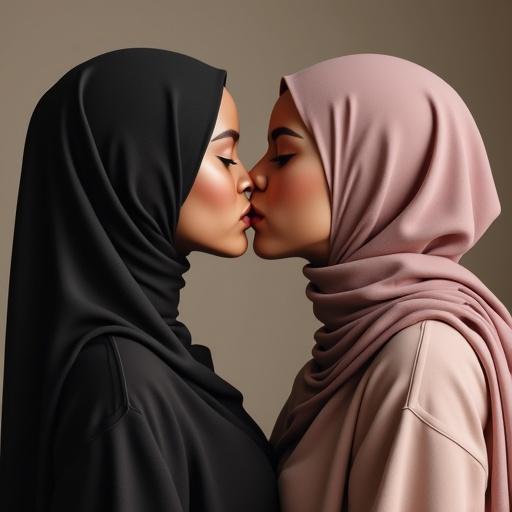 Close-up image of two women wearing hijabs sharing an intimate moment. They are kissing gently, showcasing their cultural attire and elegance. The setting is simple and focused on the emotions of the scene.