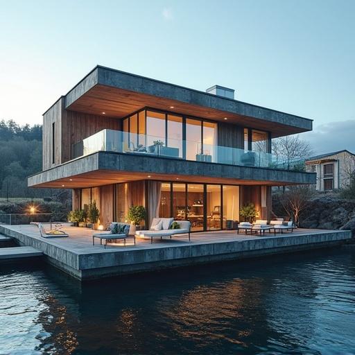 A modern house situated by a harbor, showcasing an elegant design. The house features a spacious exterior with glass elements and wooden accents. Outdoor seating is present on the patio.