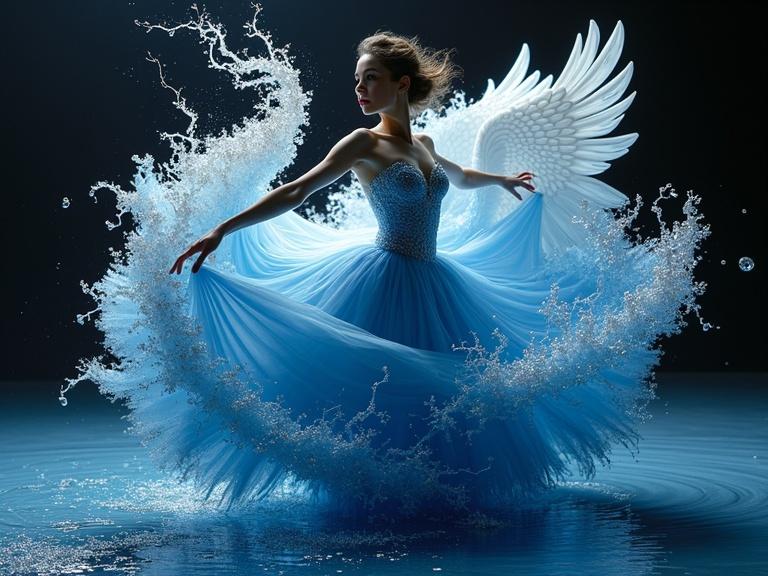 A ballerina spins in an ethereal blue gown resembling flowing water and crystals. The dress interacts with black Ferrofluid and magnets to create swirling patterns. An impression of a swan as part of the dress's design suggests flight and grace.