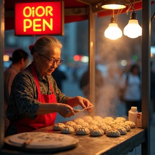 A Chinese woman steams baozi at a street cart at dawn. Steam fogs her glasses as she arranges dumplings, flour dusts her apron. She greets a customer with a smile. The neon "OPEN" sign glows red in the early morning light.