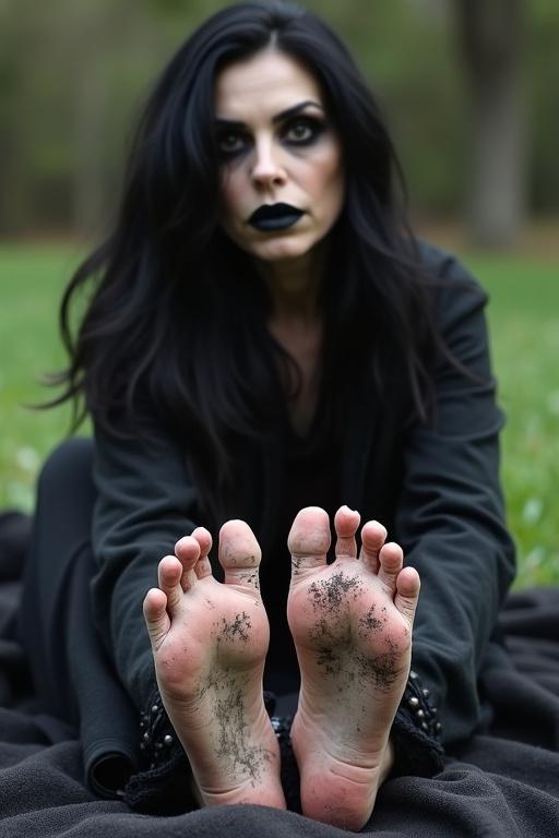 Mature goth woman with long black hair dressed in black attire shows rotting soles of her bare feet. She sits on a blanket outdoors in a natural setting.