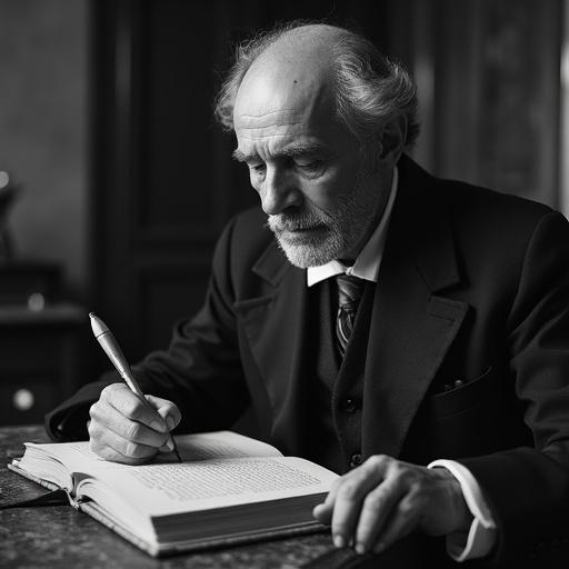Image of an elderly man studying a book about tango history. Closed book on a wooden table. Man holding a pen and concentrating on writing. Indoor setting with classical furniture. Mood conveys deep thought and reflection.