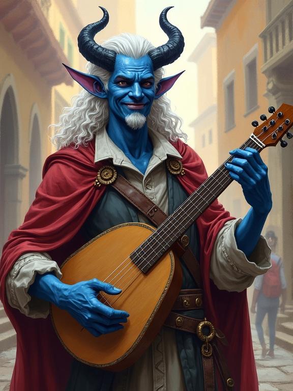 Portrait of a tiefling man with blue skin and horns holding a lute. Curly white hair and a confident smile. Background shows a colorful city blending into worn parchment edges. Digital art inspired by Antonio J. Manzanedo. Fantasy and medieval themes.