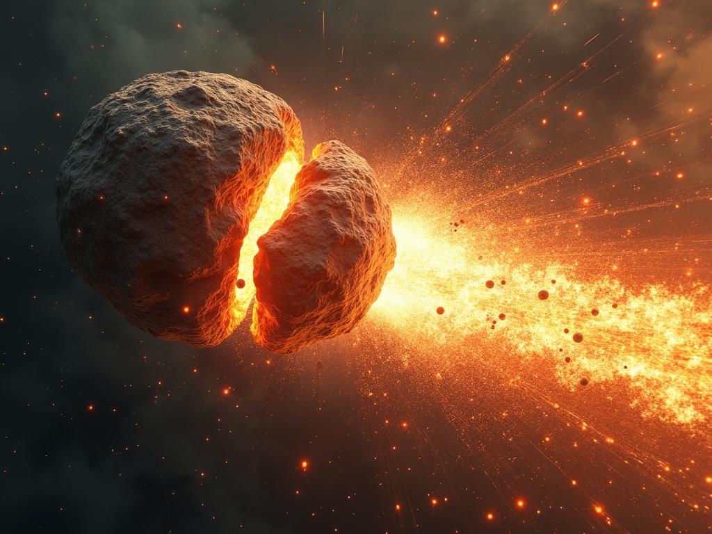 Visualize a massive meteoroid breaking apart in deep space. Intense fiery trails and rocky debris scattered. Concept of theories being challenged and fragmented. High-detail dramatic rendering emphasizing scale.