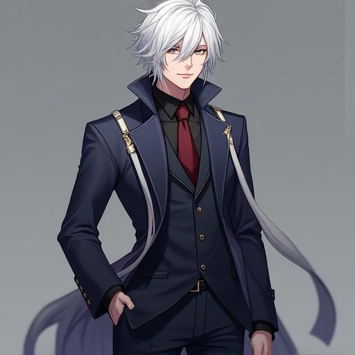 A handsome male game character stands confidently. Character has white hair with one eye covered by bangs. Stylish and cool appearance depicted in digital art. Highly detailed with dramatic lighting in a fantasy game style. Full-body portrait in a dynamic pose, inspired by anime.