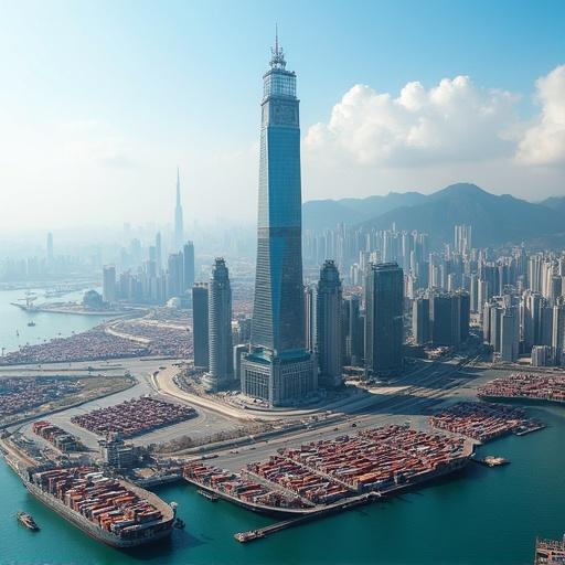Aerial view of the Harbor District showcasing the Xingzhou International Commerce Tower. The economic engine of the city features a busy port with numerous containers. The city skyline includes modern skyscrapers and mountains in the background. Clear skies provide a bright, vibrant atmosphere.