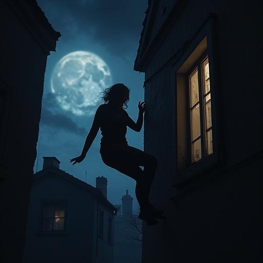 A person climbs out of a cellar window. Upper body is outside. Lower body remains inside. Night scene. Moon illuminates dark surroundings.