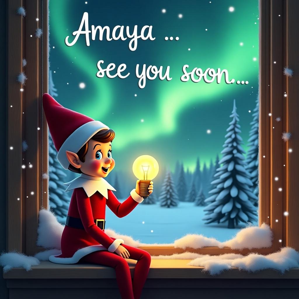 A cheerful elf sitting by a window during winter season. Outside the window, stunning northern lights create a magical atmosphere. The elf holds a bright light bulb, displaying excitement. The ledge is embellished with snow and holiday ornaments. Snow-covered trees are in the background. Handwritten text says 'Amaya ... see you soon ...'