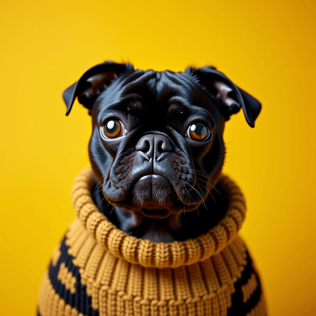 A cute black pug wearing a cozy, striped sweater gazes with expressive eyes against a vibrant yellow background.